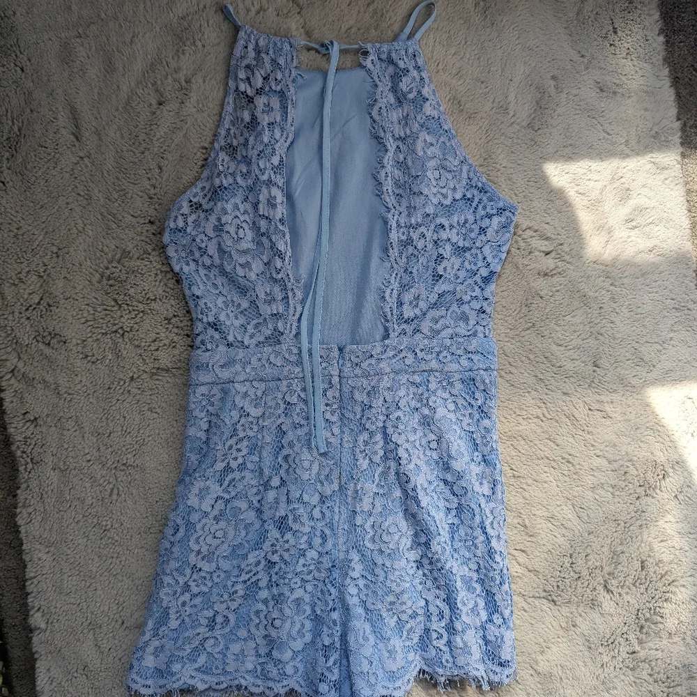 Aqua Light Blue Lace Halter Neck Romper With Open Back | Medium